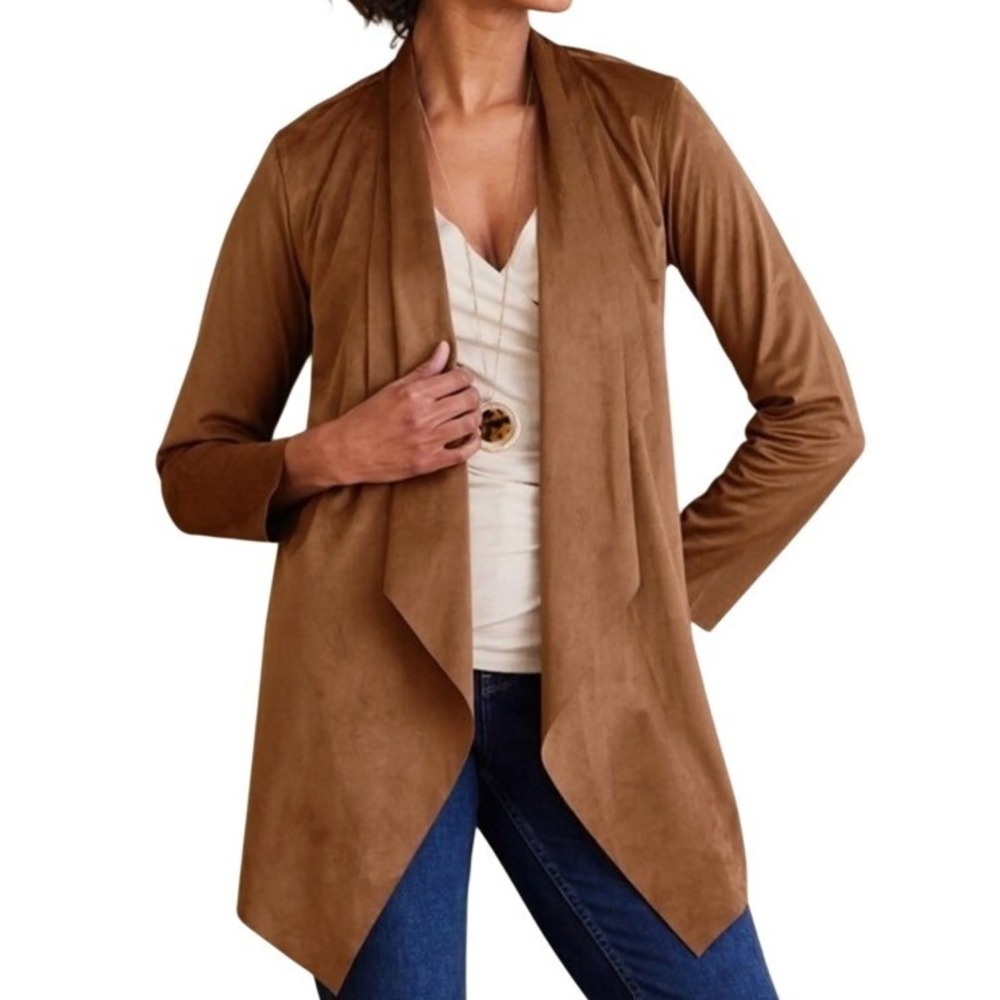 Soft Surroundings Brown Faux Suede Open Front Waterfall Draped Cardigan Jacket L